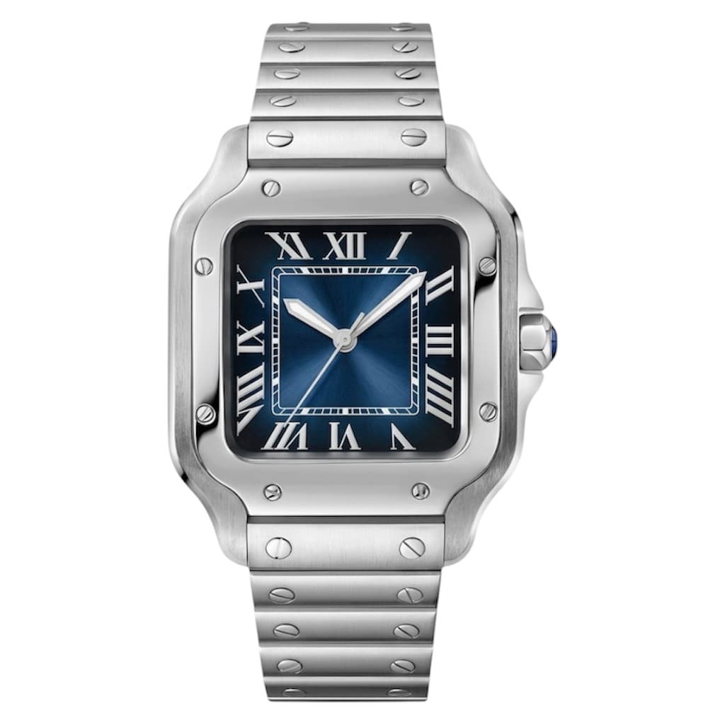 Blue Alvinegro — A square-cased automatic with a blue sunburst dial and a polished steel bracelet.