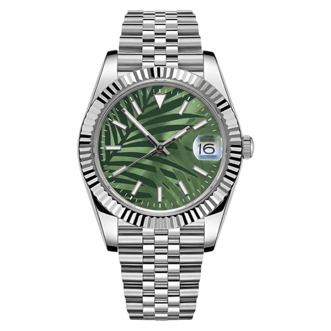 Forest Green Fluted-Bezel — A Victoria-bracelet automatic with a tropical-textured forest green dial.