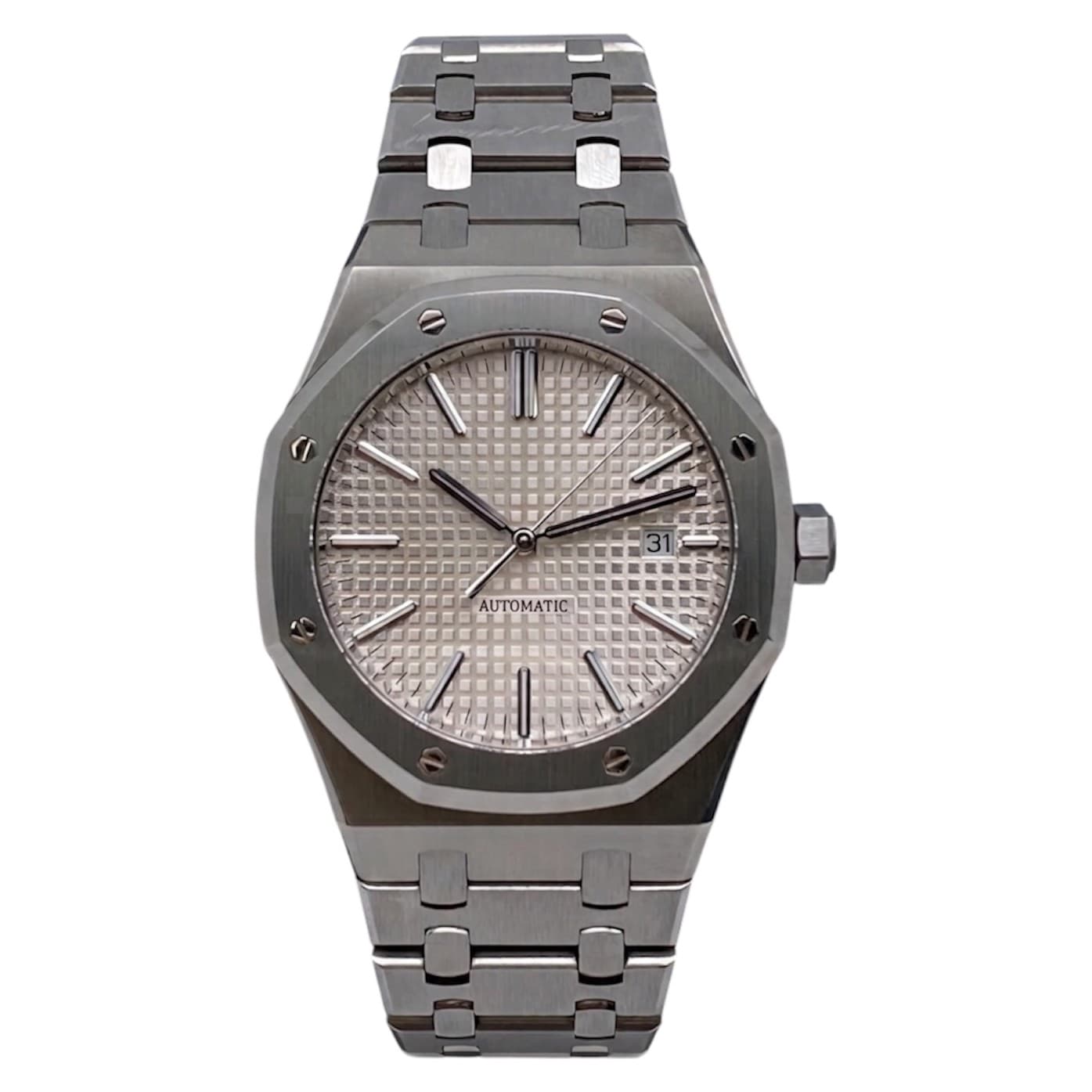 Industrial Octagonal — An octagonal, integrated-bracelet automatic with a textured waffle dial.