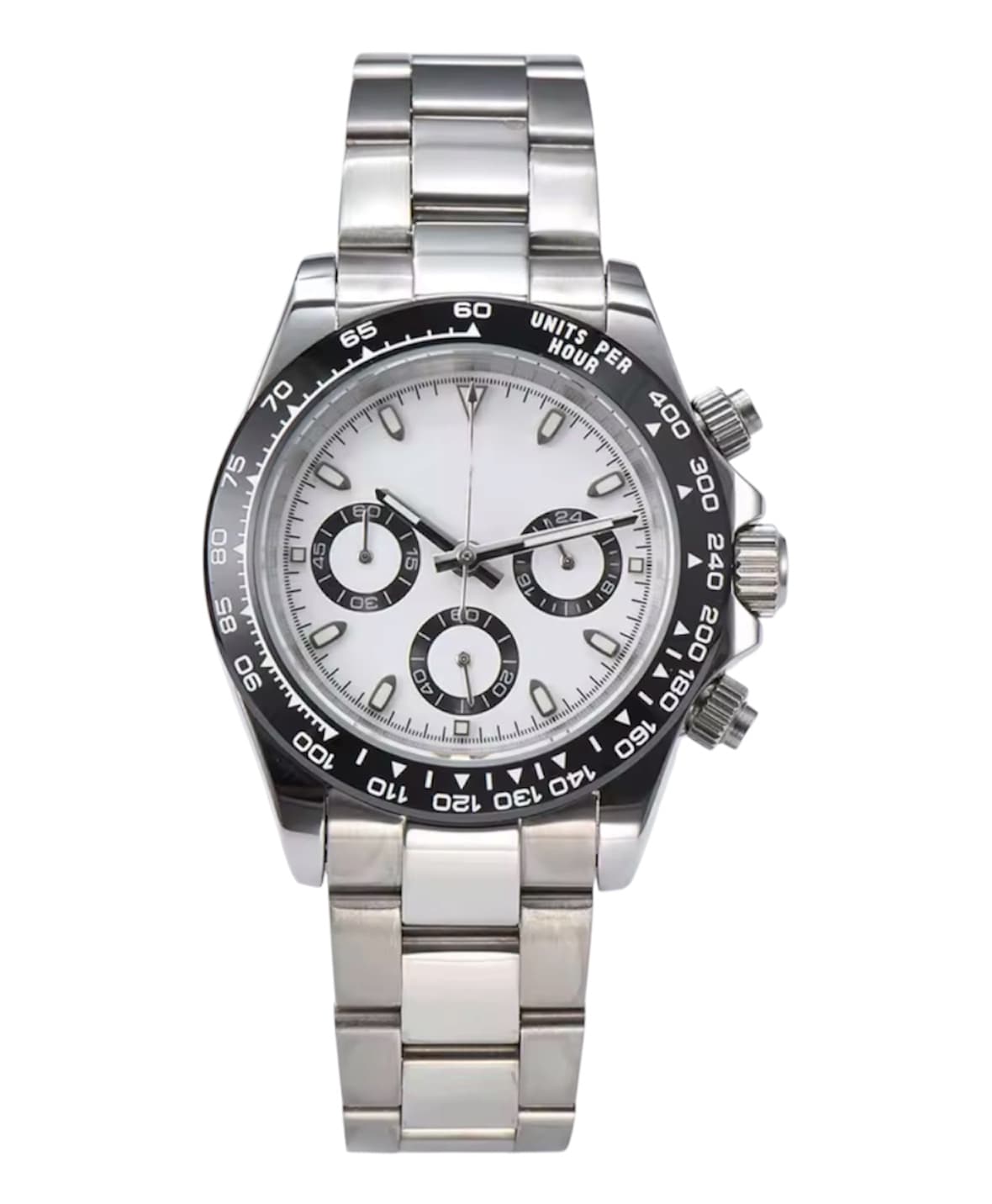 Panda Chronograph — A mecha-quartz chronograph with a tachymeter chronograph panda dial and a Clam steel bracelet.