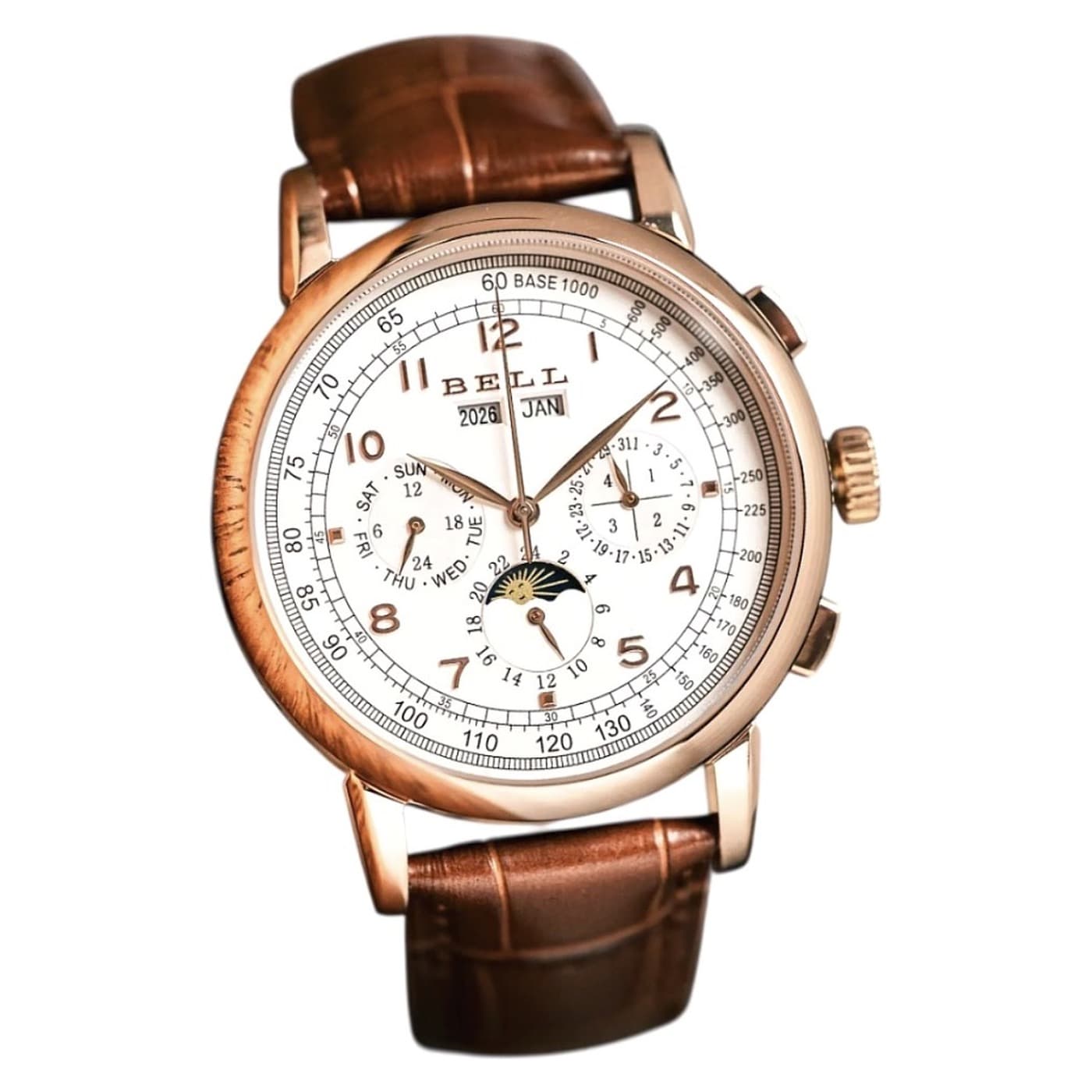 Seagull ST1655 — A rose gold-tone complete-calendar chronograph with a moonphase complication and a faux leather strap.