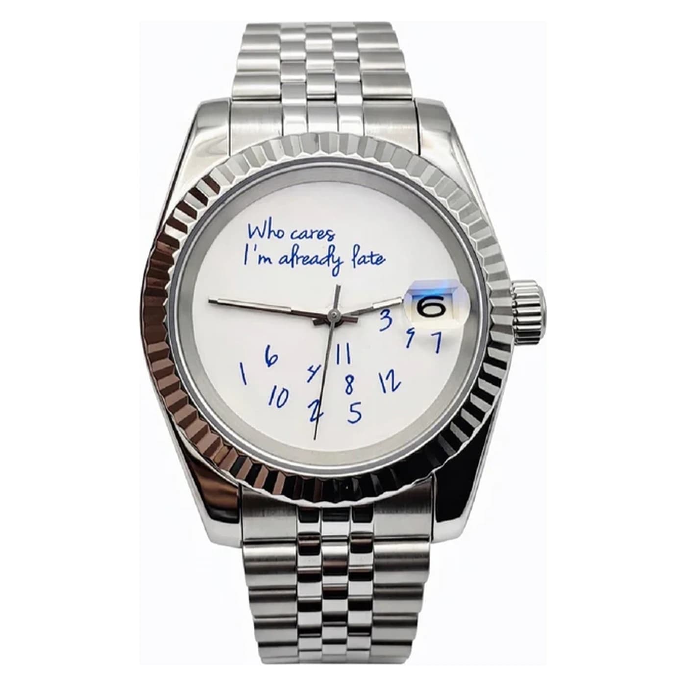 Who Cares I'm Already Late — A Victoria-bracelet automatic with a hand-lettered dial that says exactly how you feel about meeting times.